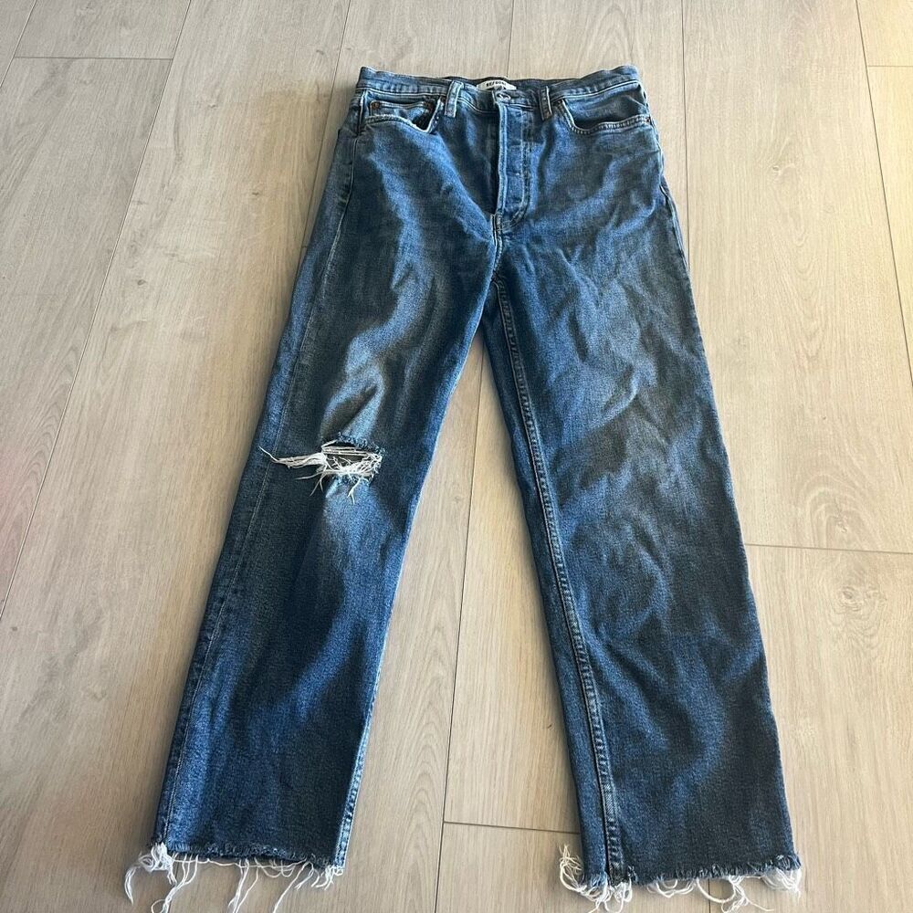 Re/Done Distressed Straight-Leg Jeans in Medium Blue